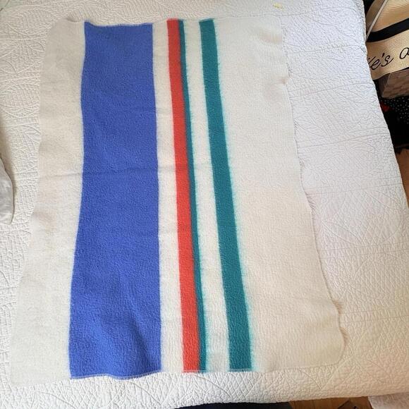 Baby Blanket Feel Striped Blue Aqua Red Vintage Camping Blanket Style But SOFT - Picture 4 of 15